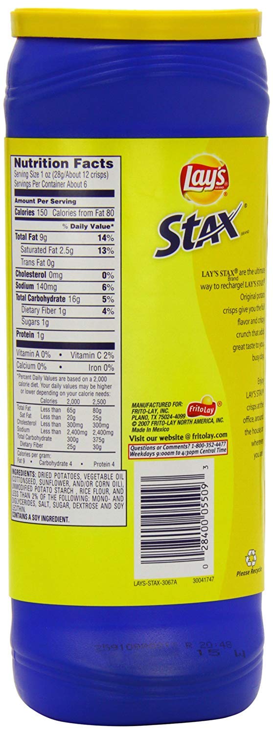 Lays Stax Potato Crisps, Original Flavor, 5.75 Ounce, Pack of 1, Model 028400055093
