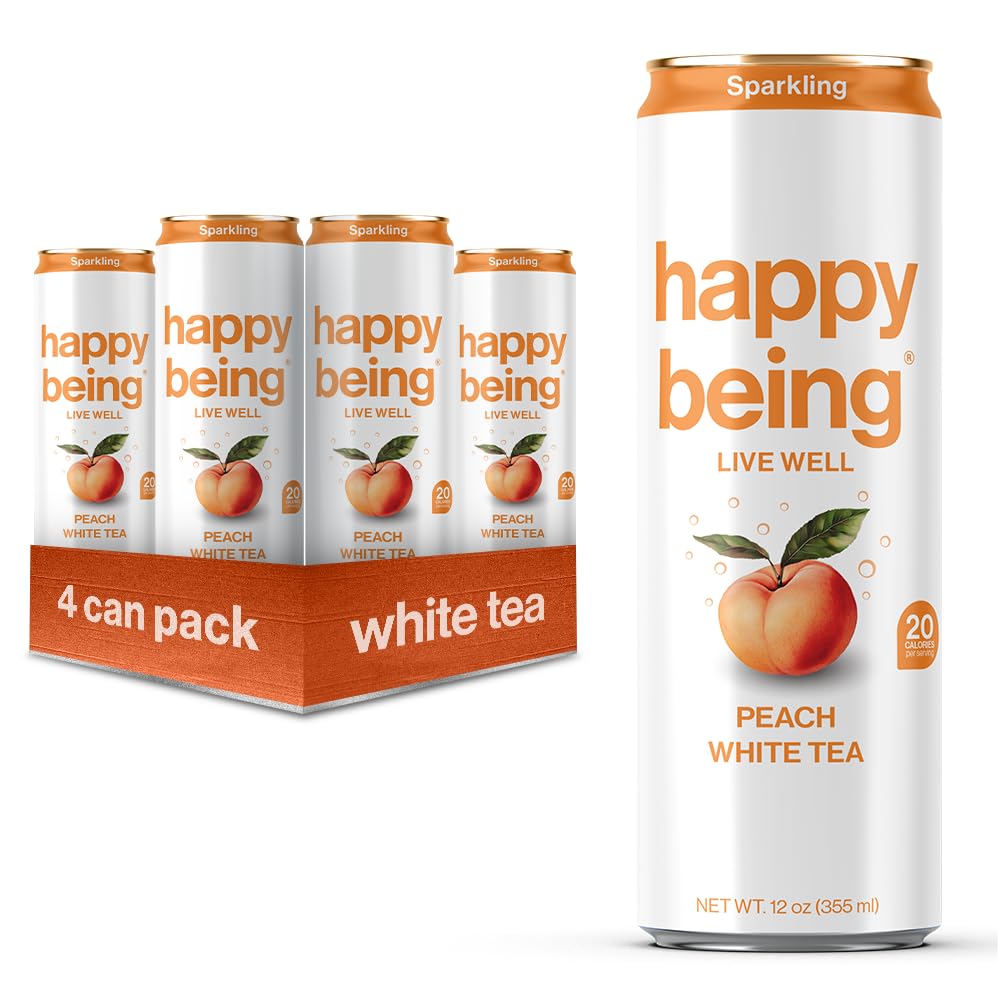 Happy Being Sparkling Peach Rose White Tea, Infused with Turmeric & Elderberry, Caffeine Free, 12oz, 4 Pack