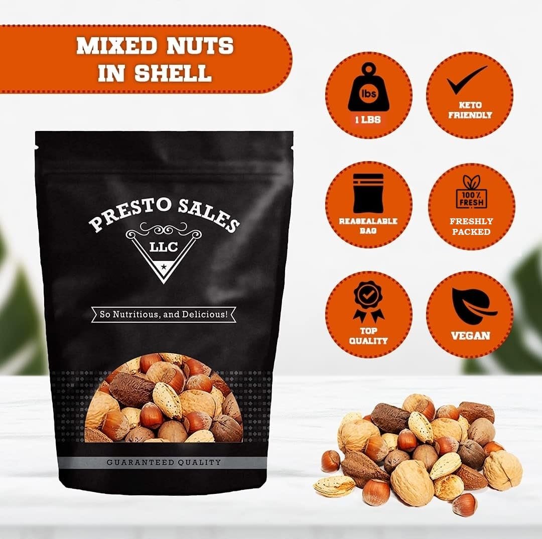 Presto Sales Mixed Nuts In Shell, Raw & Fresh, 16 oz Resealable Pouch, High Protein Nut Mix