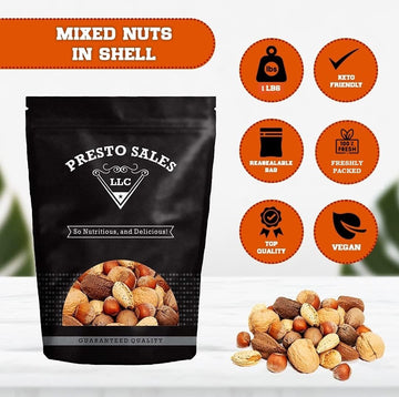 Presto Sales Mixed Nuts In Shell, Raw & Fresh, 16 oz Resealable Pouch, High Protein Nut Mix