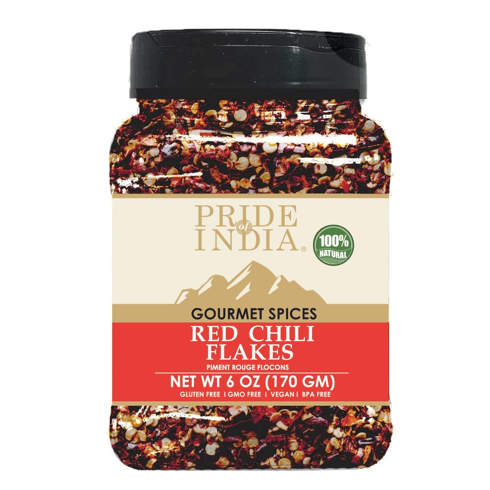 Pride of India - PACK of 6 - Red Chili Flakes - Gourmet Spice/Culinary-Pleasant Heat/Distinct Flavor & Aroma-Sprinkle onto Pizza