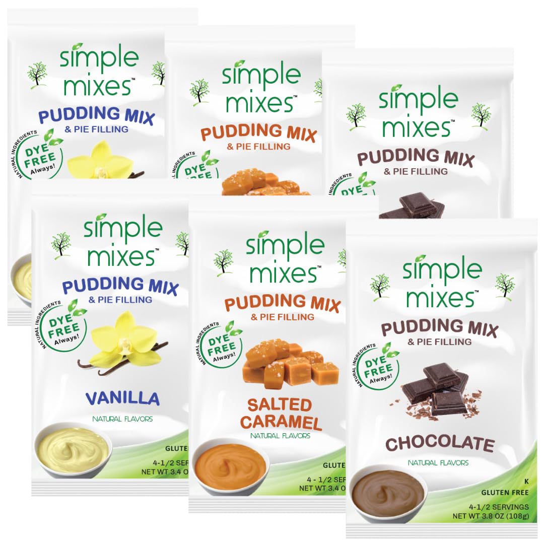 Simple Mixes Natural Instant Pudding Variety, Chocolate, Vanilla & Salted Caramel, Gluten and Dye-Free, No Fat, or Lactose, Kosh