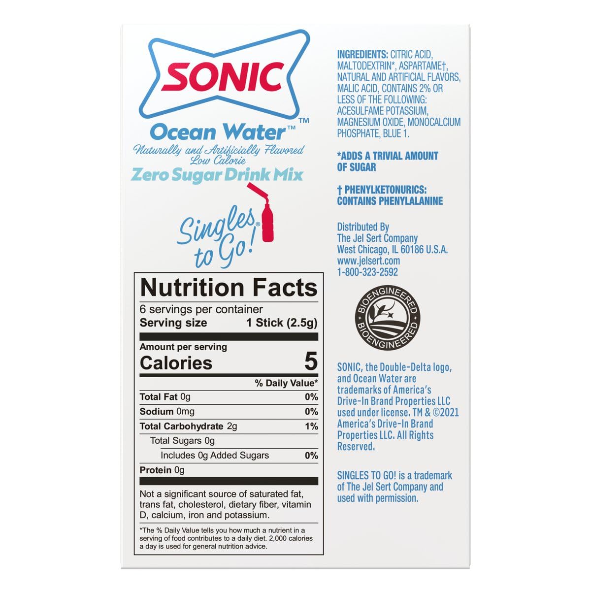 Singles To Go! Sonic Ocean Water Drink Mix, 6 Boxes, 36 Sticks, Zero Sugar, Low Calorie, 36 Total Servings