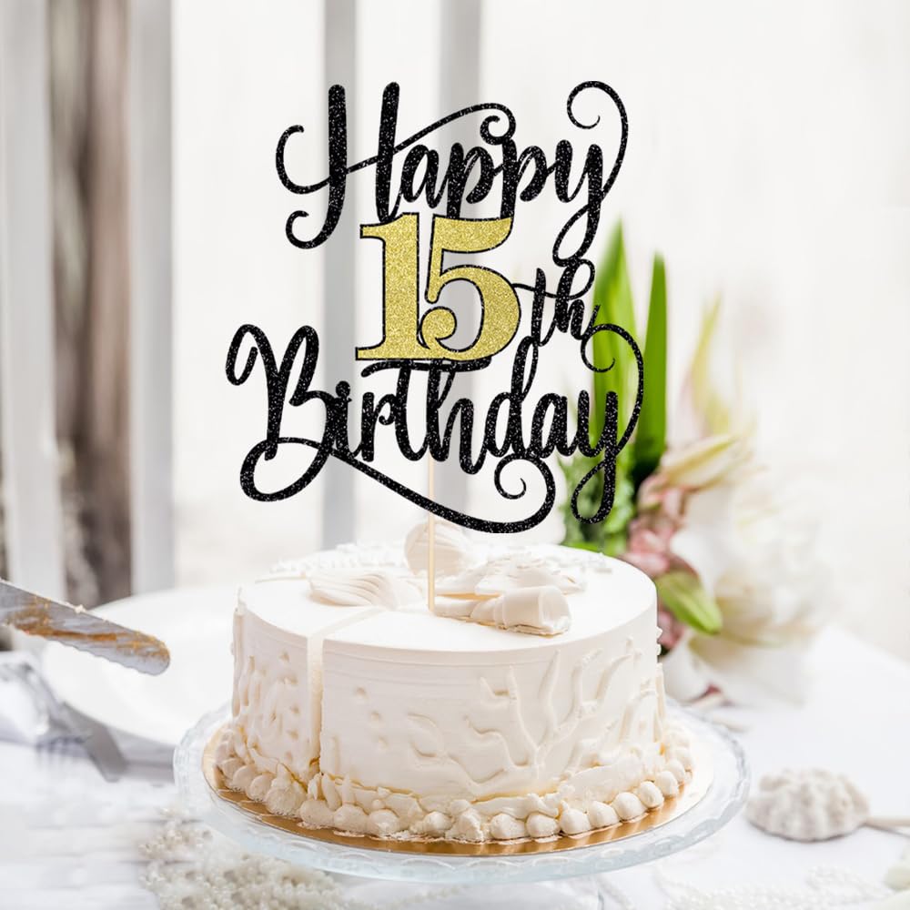 Happy 15Th Birthday Cake Topper, 15 Birthday Party Cake Decorations (Black And Gold Flashes, 15Th)