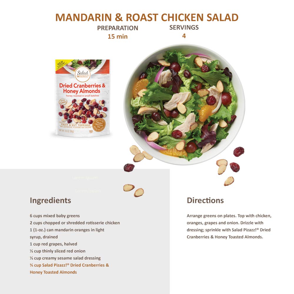 Salad Pizazz! Almond Toppings, Honey Roasted With Cranberries - Snack Mix And Salad Topping - 3.5 Ounce (3.5 Oz) Resealable Bag(