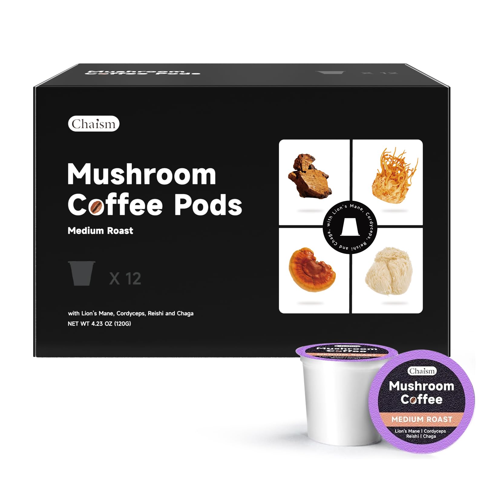 Chaism Mushroom Coffee Pods - Arabic Coffee with Lions Mane  Cordyceps  Reishi  Chaga for Focus & Energy Boost  Sugar-Free  Fat-Free 12 K Cups (12 Counts  Medium Roast)