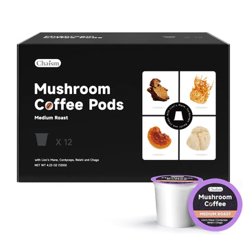 Chaism Mushroom Coffee Pods - Arabic Coffee with Lions Mane  Cordyceps  Reishi  Chaga for Focus & Energy Boost  Sugar-Free  Fat-Free 12 K Cups (12 Counts  Medium Roast)