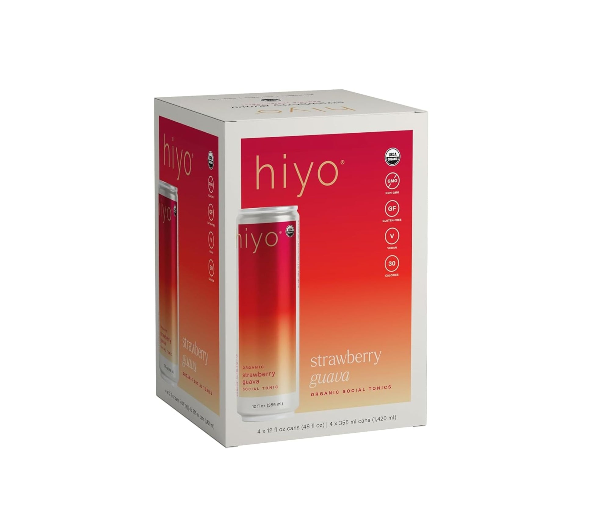 Hiyo Organic Social Tonic N.A. Functional Seltzer Water 4 Pack - Strawberry Guava Flavored Sparkling Water Crafted with Organic 