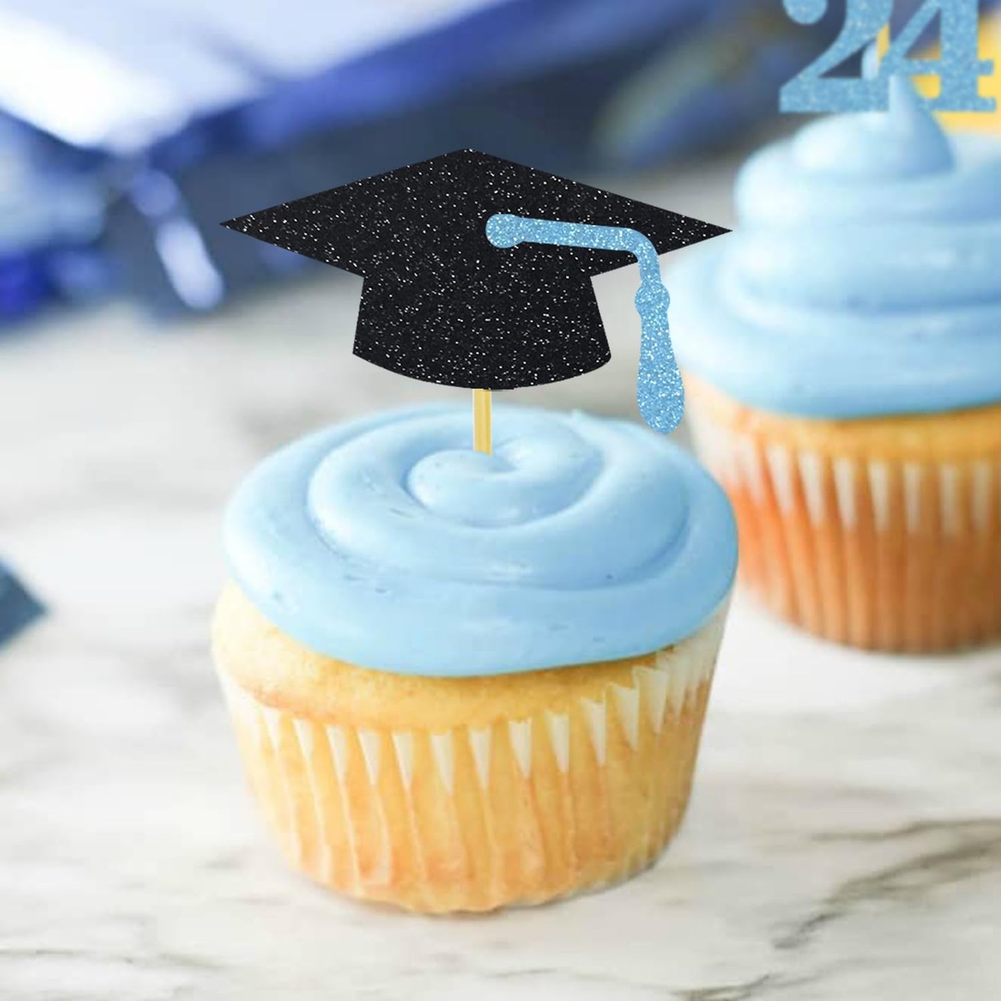 Graduation Cupcake Toppers Grad Party Decoration Food Picks Congrats Glitter Diploma Cap School Colors Supplies 24 Pcs Light Blu