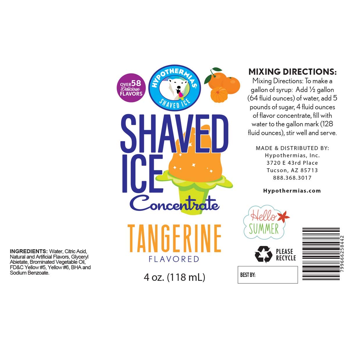 Hypothermias Shaved Ice And Snow Cone Syrup Unsweetened Flavor Concentrate - 4 Fl Oz - Makes 1 Gallon Of Ready To Use Syrup - Ta
