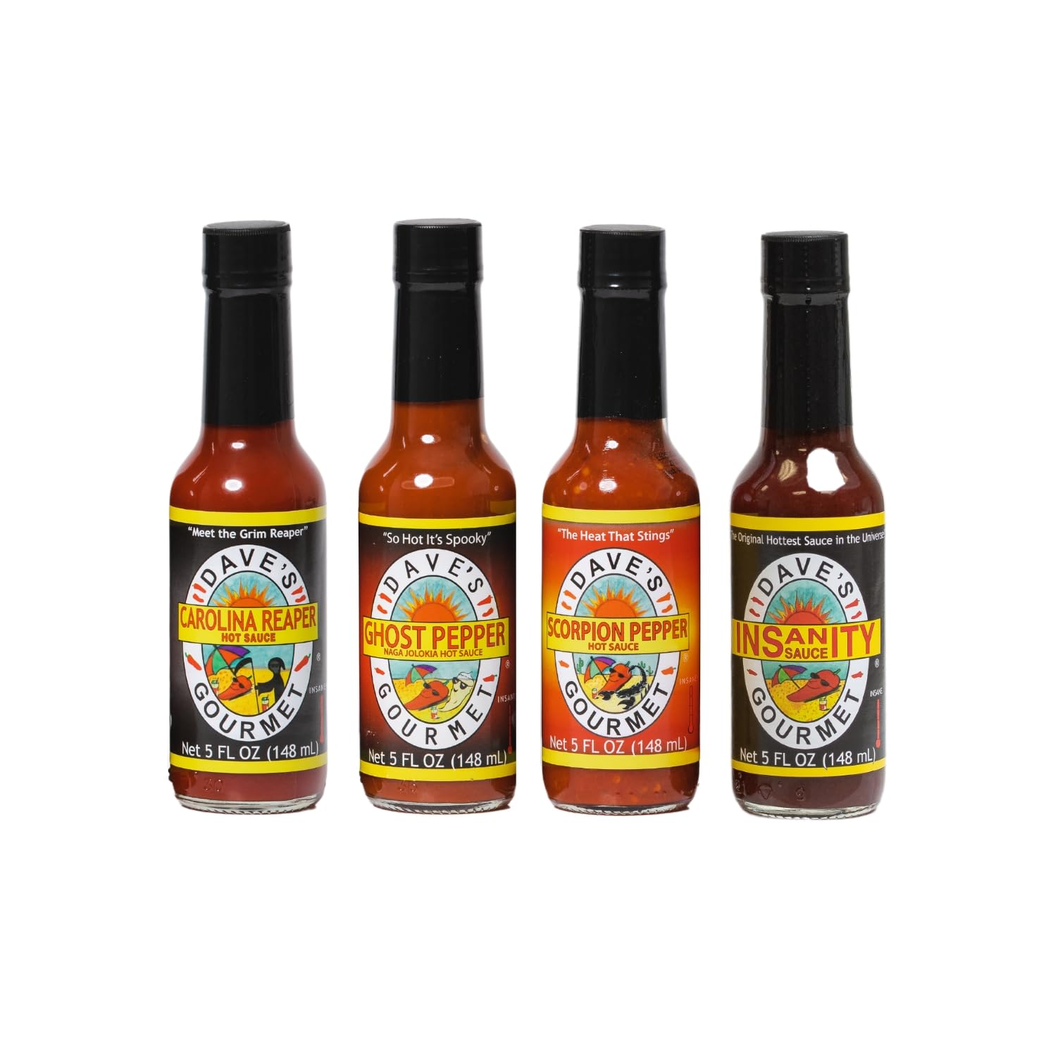 Daves Gourmet Insanity Super Hot Sauce Variety 4-Pack - Carolina Reaper, Ghost Pepper, Scorpion - 5oz Bottles - Vegan, Gluten-Free