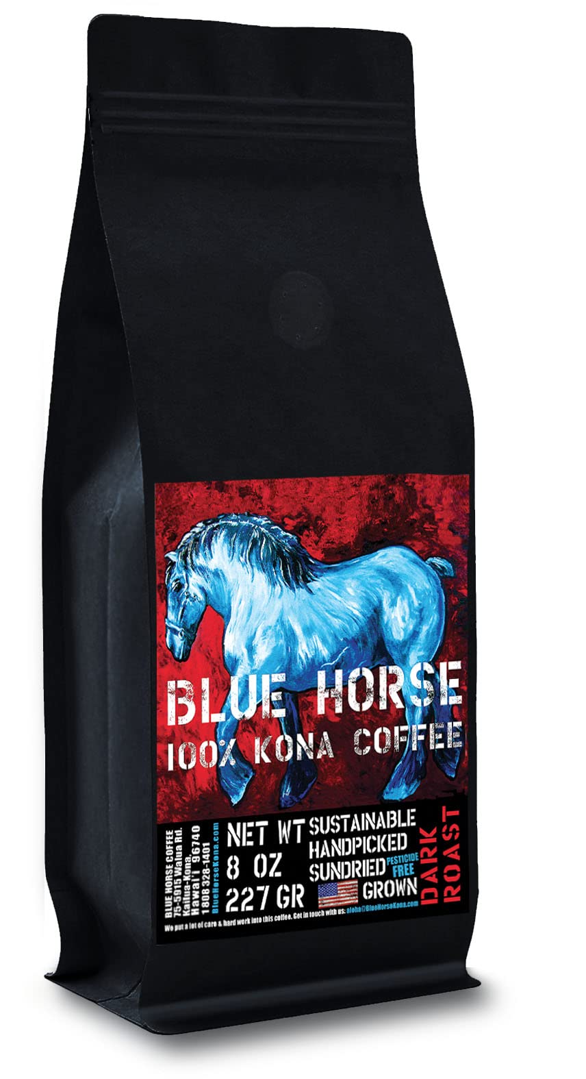 BLUE HORSE 100% KONA COFFEE - Dark Roast Arabica Whole Beans - 8 oz Bag - Farm-Fresh Quality from Hawaii