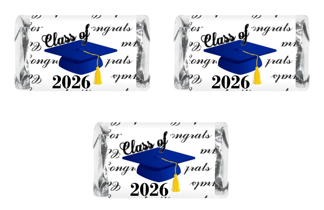 60 Graduation Cap Party Class Of 2026 Miniatures Candy Bar Wrapper, (Set Of 60) Mini Candy Chocolate Bar Stickers, Labels, Candy Not Included, Color Blue. Made In Usa