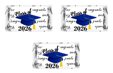 60 Graduation Cap Party Class Of 2026 Miniatures Candy Bar Wrapper, (Set Of 60) Mini Candy Chocolate Bar Stickers, Labels, Candy Not Included, Color Blue. Made In Usa