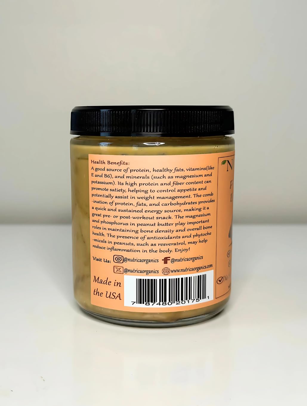 100% Pure Peanut Butter, Single Ingredient, No Salt, No Sugar, No Palm Oil, Glass Jar, Double Sealed, No Additives, Vegan, Plant
