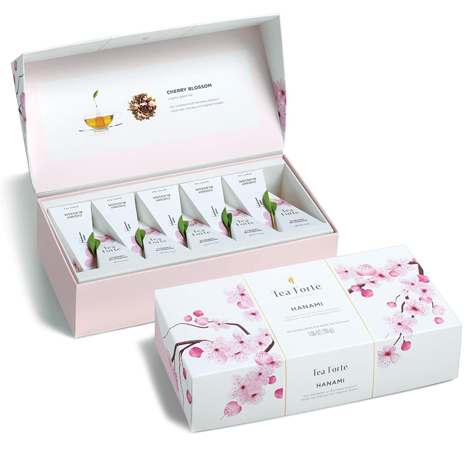 Tea Forte Cherry Blossom Organic Green Tea, Petite Presentation Box Tea Sampler Gift Set With 10 Handcrafted Pyramid Tea Infusers