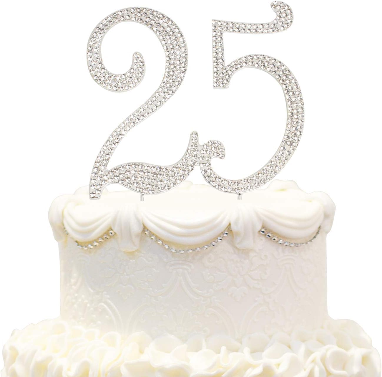 Hatcher Lee 25th Birthday Cake Topper - Bling Crystal Metal Decoration, Silver, Model HCL-308