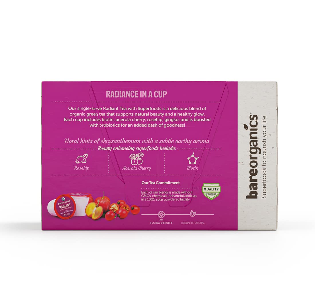 BareOrganics Radiant Tea Withuperfoods & Probiotics | Compatible Tea Pods | USDA Certified Organic  Vegan  Non-GMO & Recyclable 60ct