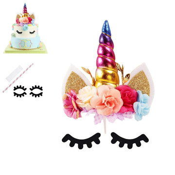 Nishine Rose Floral Unicorn Cake Topper Birthday Party Cake Decoration (Rainbow)