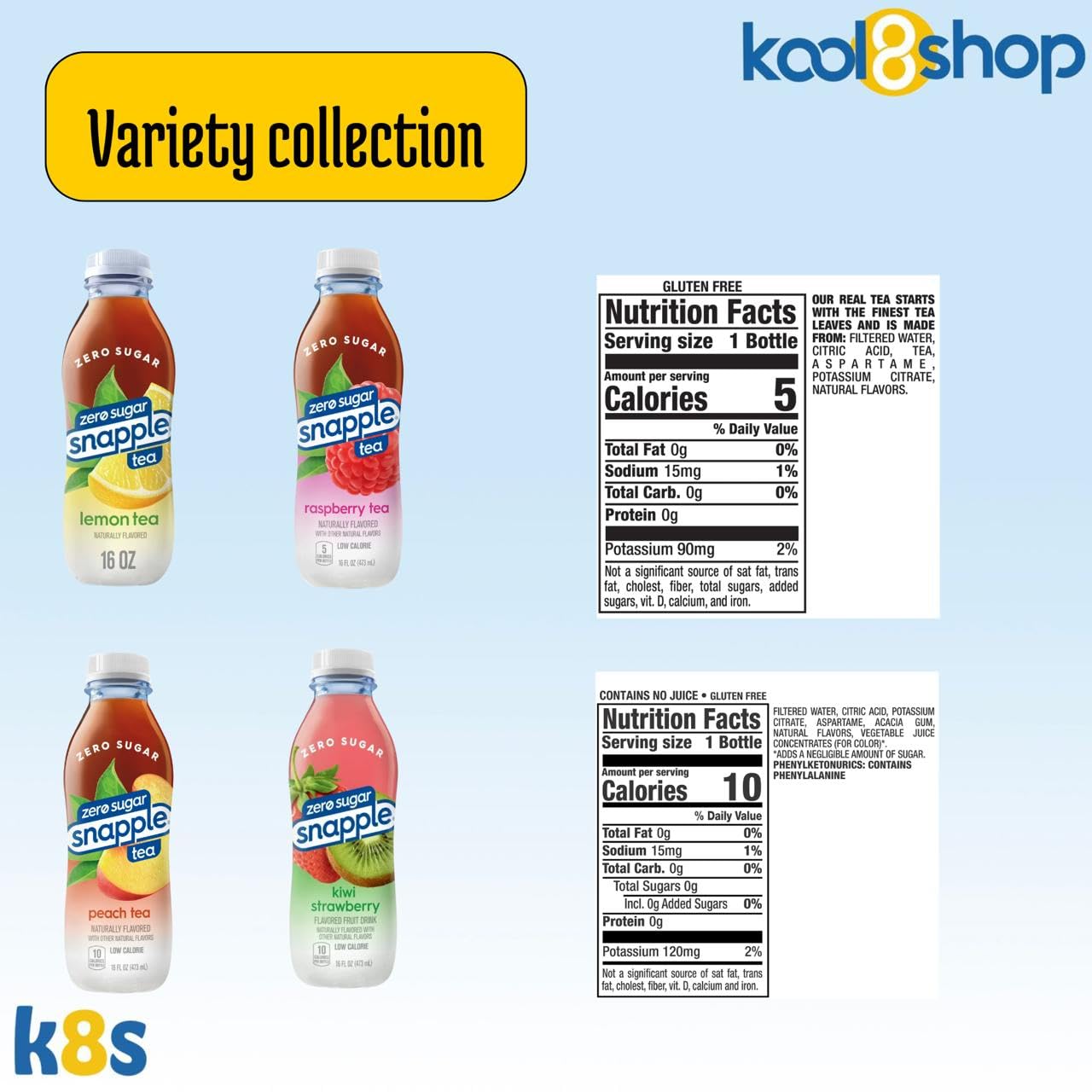 Snapple Zero Sugar Variety Collection All Natural Iced Tea 16 Fl Oz Plastic Bottles 16 Pack + 15 Sugarcane Disposable Straws By