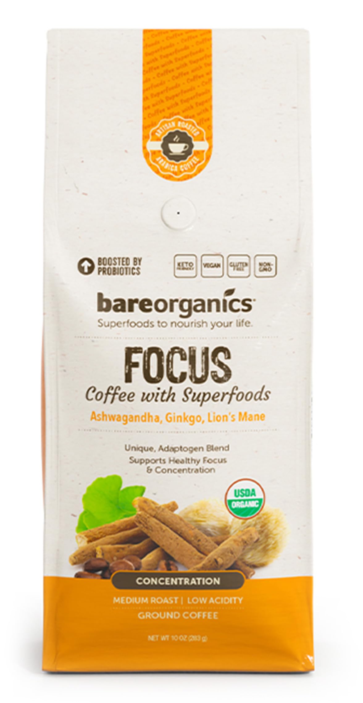 BareOrganics Artisan Ground FOCUS Bagged Coffee with Superfoods, Medium Roast, Non-GMO & Gluten-free, Ginkgo, Ashwagandha & Lion