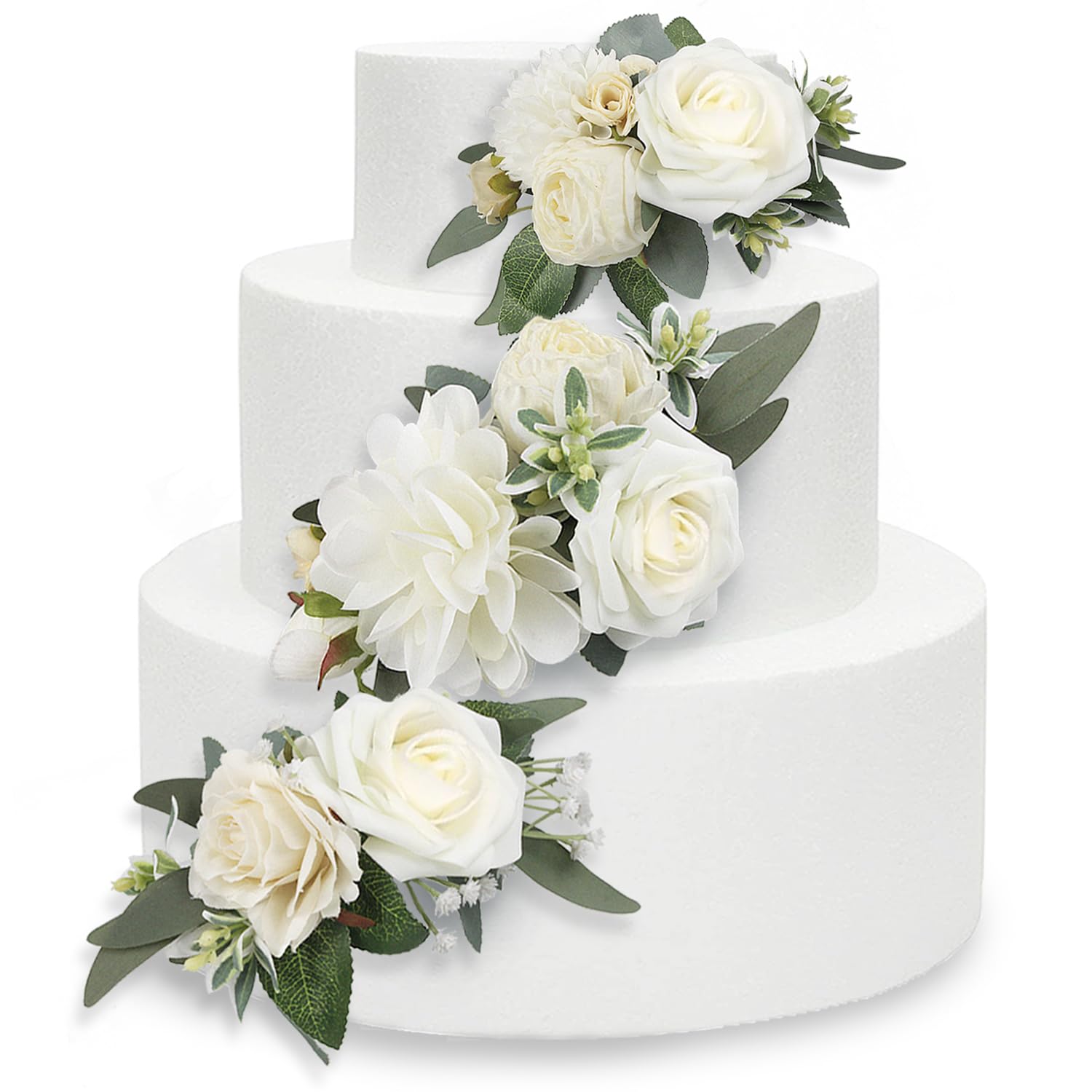 Rinlong 3Pcs Pre-made Cake Toppers White Flowers Cake Decorations Wedding Cake Decorating Flowers Decor Birthday Baptism Party C