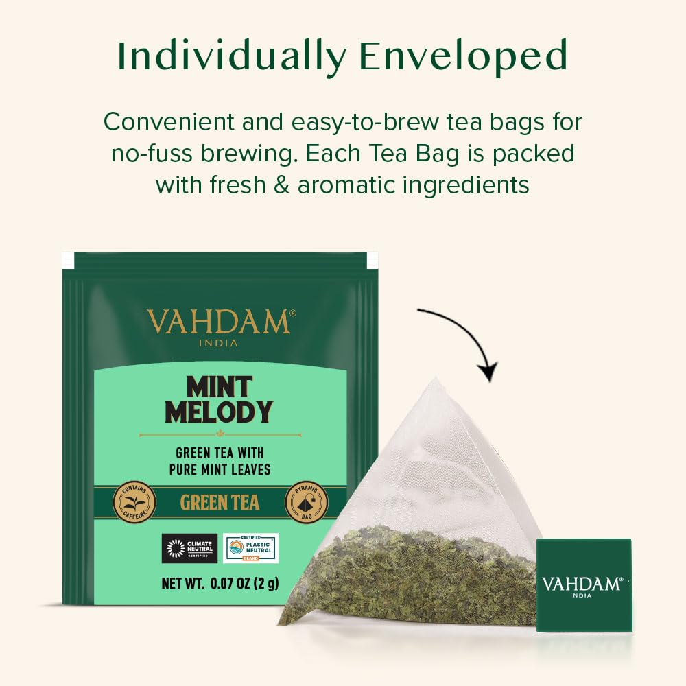 VAHDAM Mint Green Tea Bags, Low Caffeine, Non-GMO, Gluten Free, 30 Count, Individually Wrapped Pyramid Bags