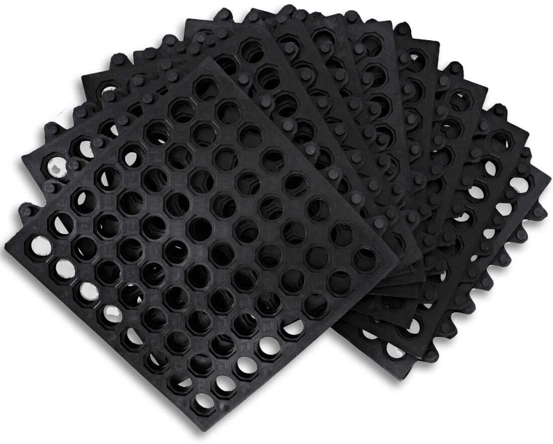 Rubber Floor Mats Anti Fatigue Kitchen Mats 9 Pack 11.8'' X 11.8'' Modular Interlocking Floor Tiles, Drain Pool Balcony Patio Ya