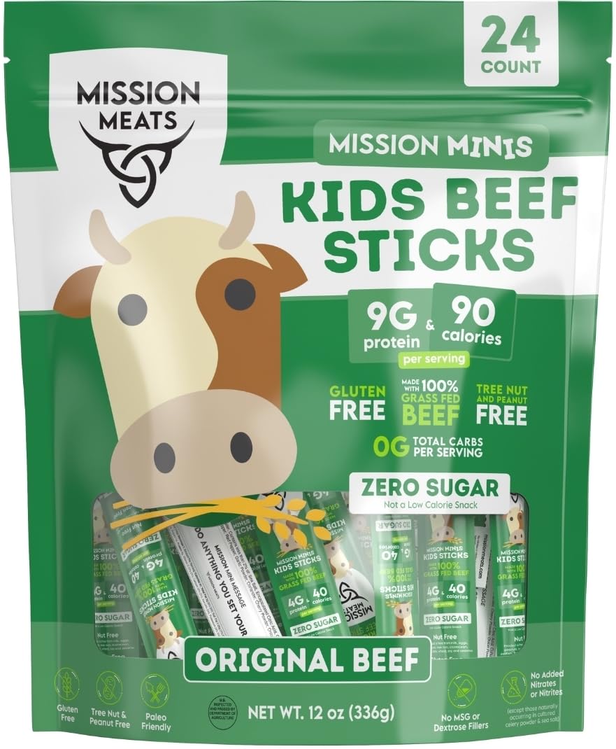 Mission Meats Kids Mini Beef Sticks - 100% Grass Fed Beef Sticks, Toddler Snacks, Healthy Snacks For Kids, Kids Meat Sticks, Pal