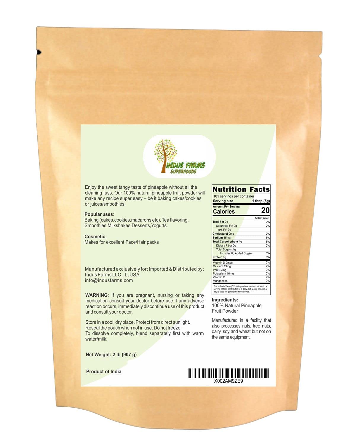 Indus Farms Superfoods Pineapple Whole Fruit Powder - Nutritious & Versatile, 32 Ounce, GMO-Free, Gluten-Free, Vegan, Yellow