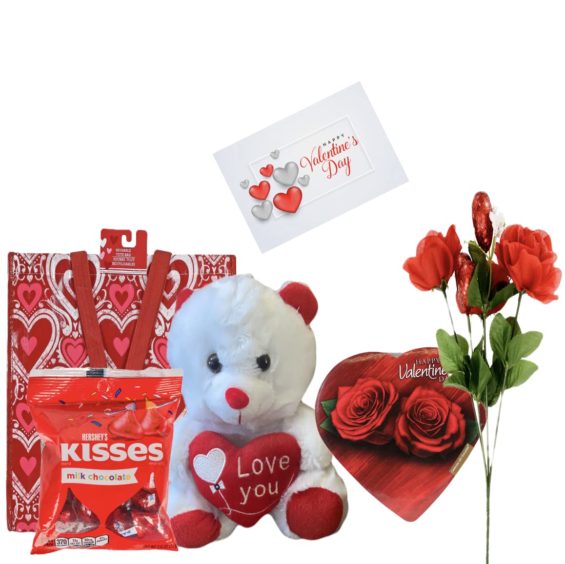 Valentines Day Gift Basket Set  9 Inch (White Or Red) Teddy Bear Plush Hershey'S Kisses Milk Chocolate  Elmer Heart Shaped Choco