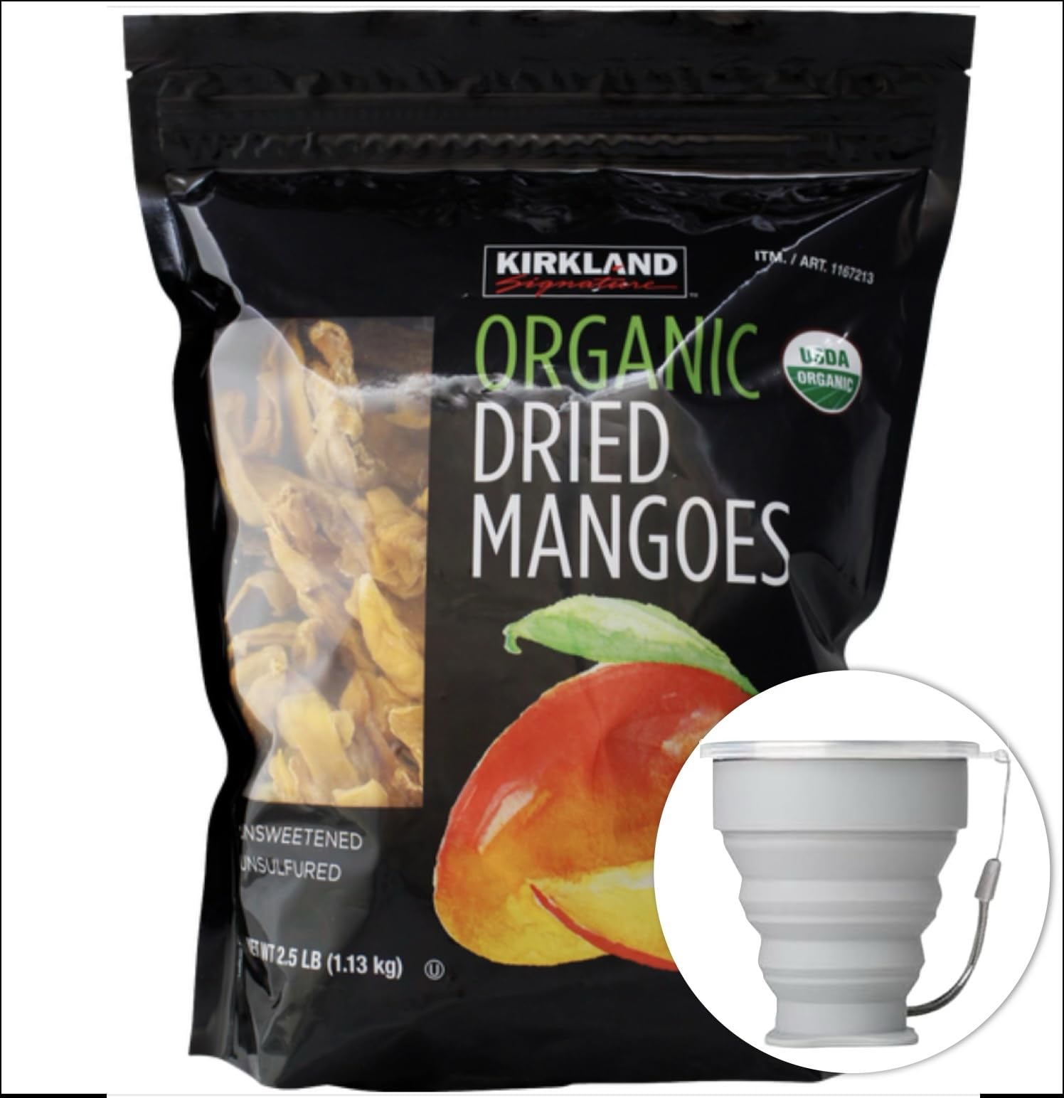 Kirkland Signature Organic Dried Mangoes, 2.5 lbs Item 1569365. Bundle with MORALZA Silicone Collapsible Cup 200ml - 2 Items.