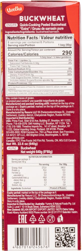 Uvelka, Buckwheat Groats (Grechka/Kasha), 8 Boil-In-Bags, Easy To Cook, 640G/22.6Oz (Ancient Grains)