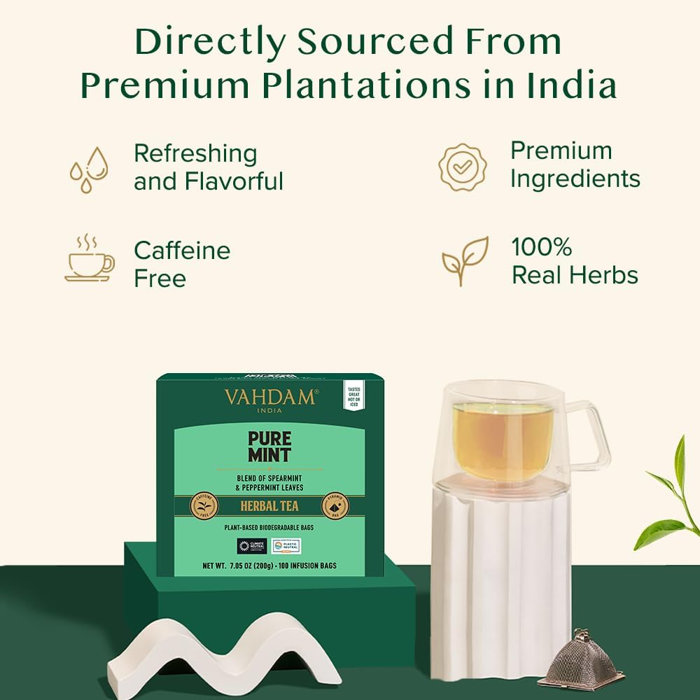 VAHDAM Organic Mint Herbal Tea, 100% Natural, Caffeine Free, 100 Tea Bags, Detox Tea, Peppermint + Spearmint, 0.44 lbs, Pack of