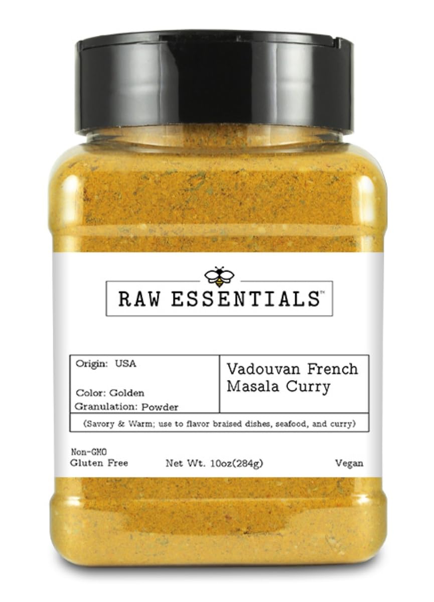 Raw Essentials Vadouvan Curry - French Masala - Savory and Warm - Great on Braised Dishes, Seafood, and Couscous - 10 Ounce Bott