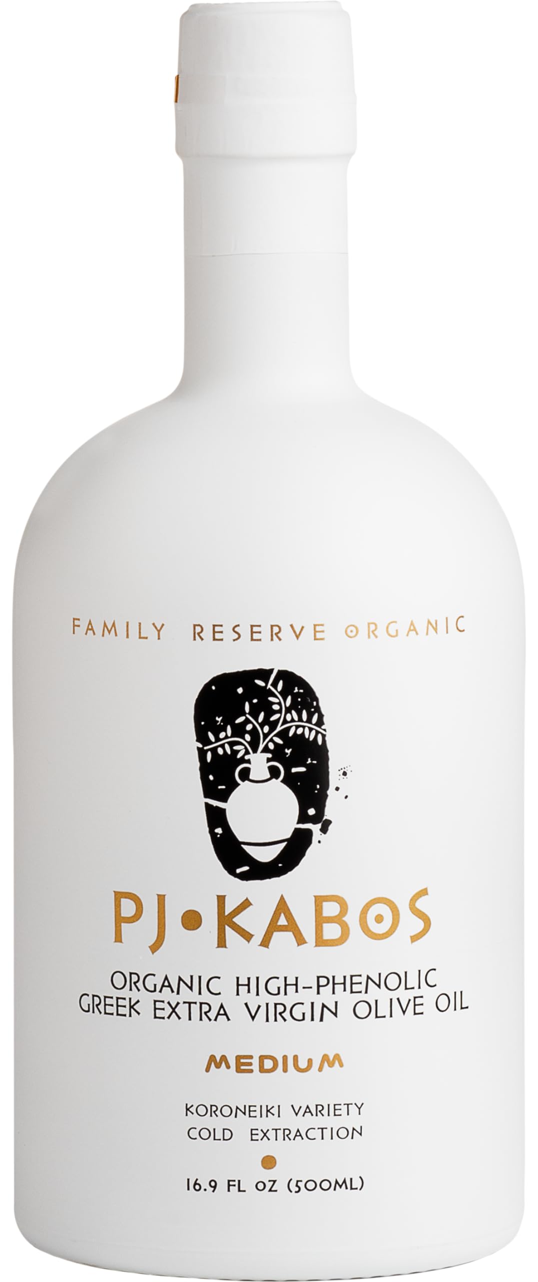 P.J. KABOS 2024 Gold Award Winner  High Phenolic (448mg/kg)  USDA Organic Greek Extra Virgin Olive Oil  Medium Intensity  Cold Extracted  16.9 oz  Koroneiki  Family Reserve Organic -Medium