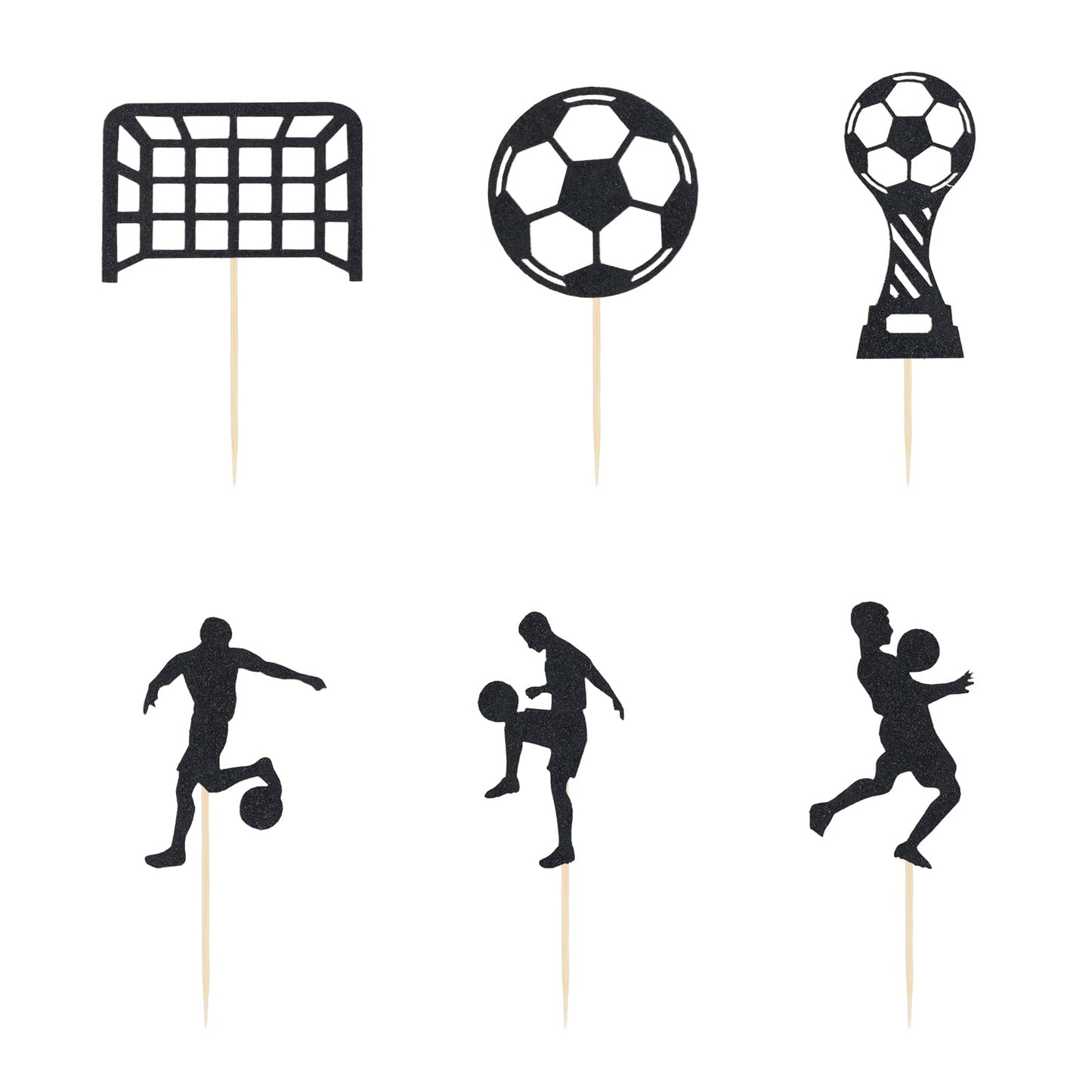 PEUTIER 24pcs Soccer Cupcake Toppers Glitter Soccer Ball Picks for Birthday Party - Black - Model 20012 - Paper