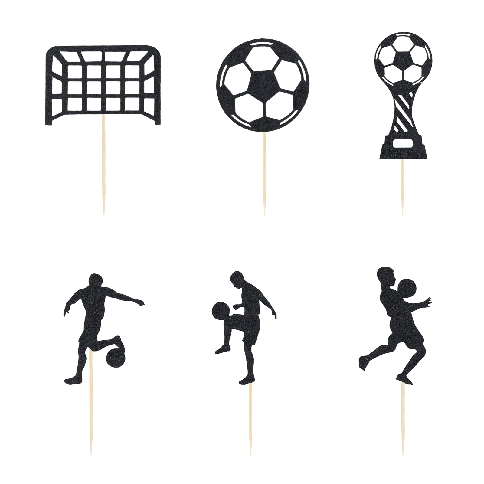 PEUTIER 24pcs Soccer Cupcake Toppers Glitter Soccer Ball Picks for Birthday Party - Black - Model 20012 - Paper