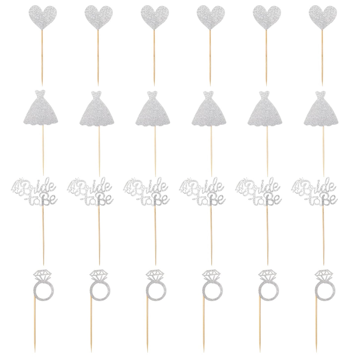 24 Pcs Glitter Bride Cupcake Toppers Silver Bridal Shower Cupcake Picks With Heart Ring Dress For Wedding Engagement Anniversary