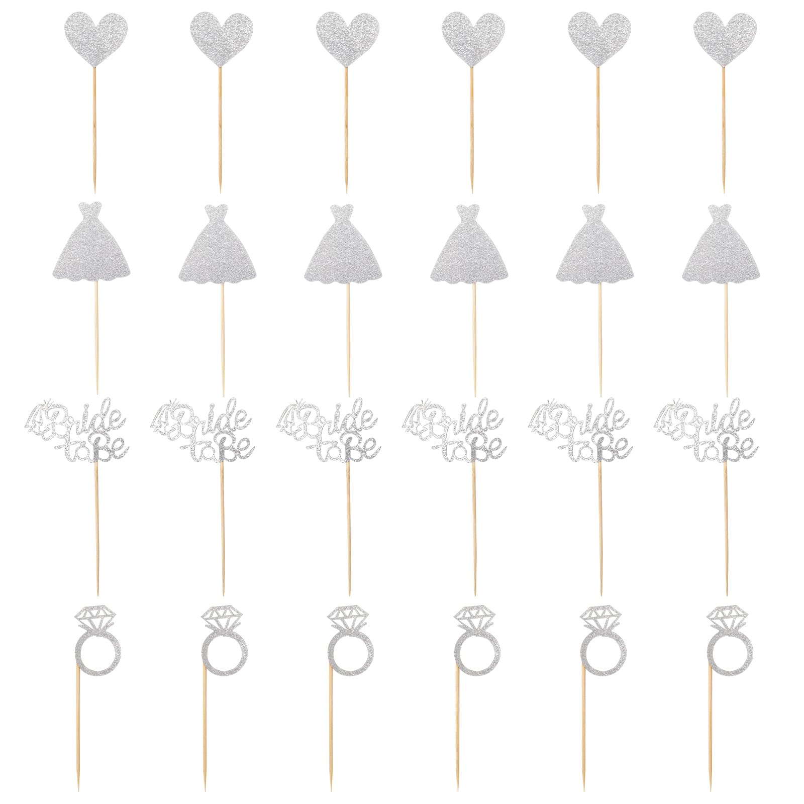 24 Pcs Glitter Bride Cupcake Toppers Silver Bridal Shower Cupcake Picks With Heart Ring Dress For Wedding Engagement Anniversary