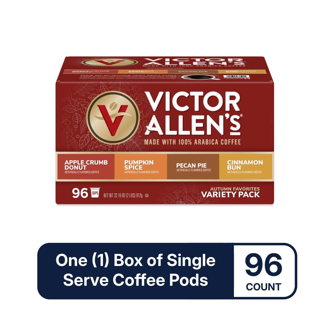 Victor Allens Coffee Autumn Favorites Variety Pack, 96 Count Single Serve Pods for Keurig, Includes Apple Cspirit-inspired flavorb, Pumpkin Spice, Pecan Pie, Cinnamon Bun