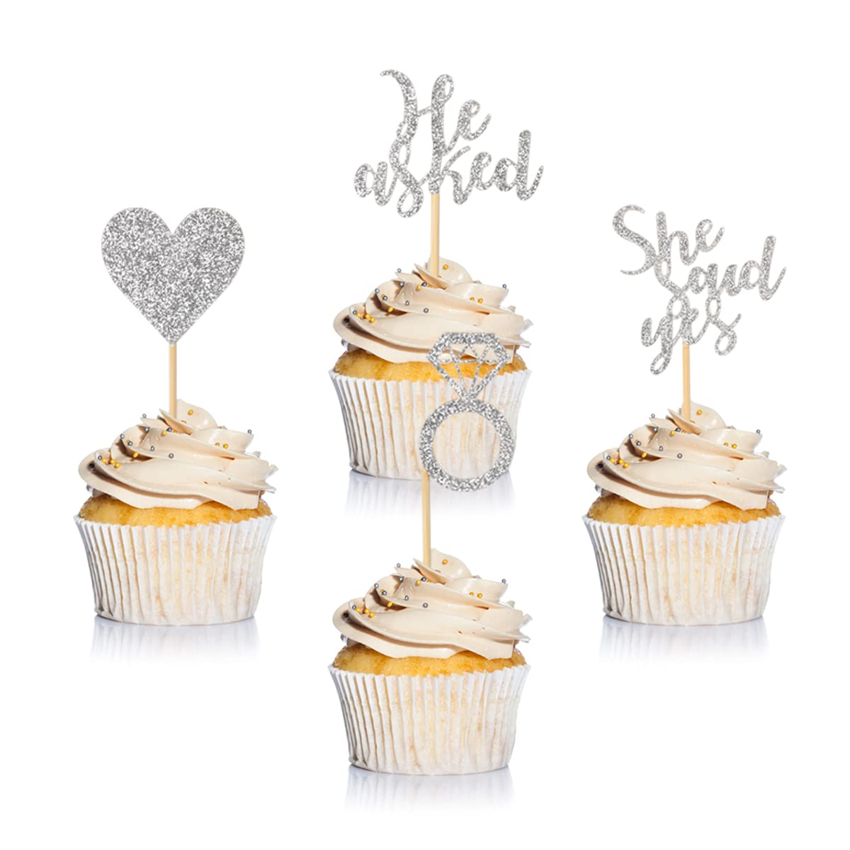 Donoter 24 Pieces Silver Glitter Engagement Cupcake Toppers He Asked She Said Yes Diamond Ring Heart Cupcake Picks For Wedding B