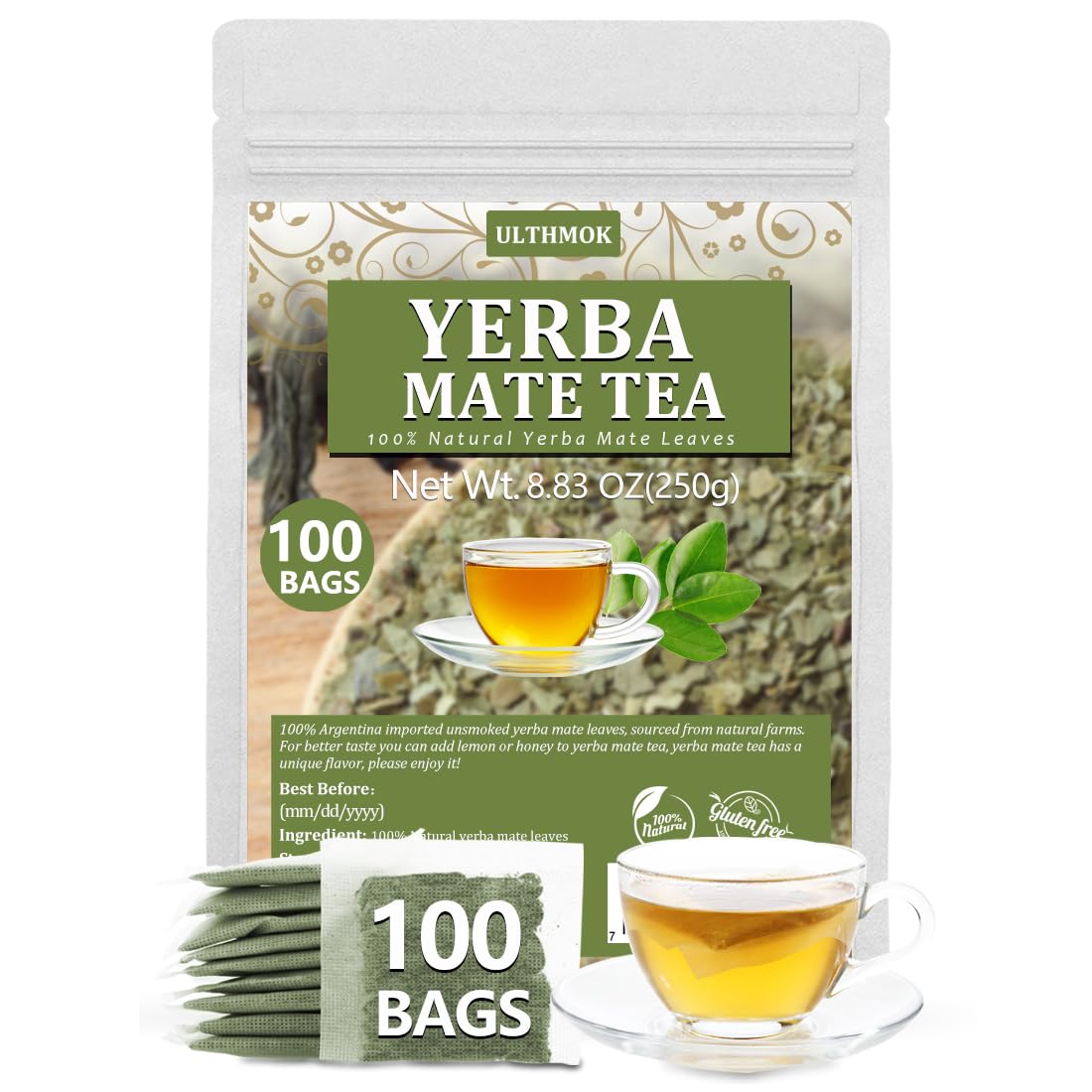 ULTHMOK Premium Yerba Mate Tea Bags - 100 Unsmoked Bags, 100% Pure Leaves, Caffeine-Free