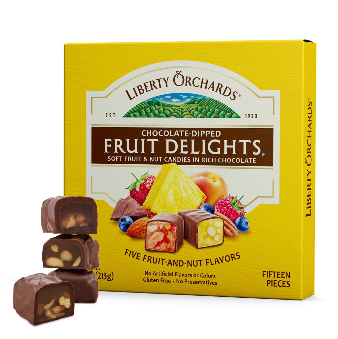 Liberty Orchards, Chocolate Dipped Fruit Delights - Gourmet Chewy Gift Box Candies, Pineapple Apricot & Walnut Sweet, Chocolate 