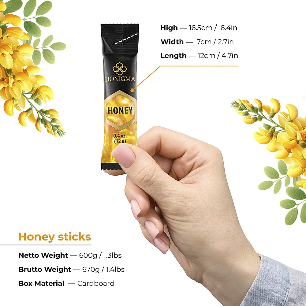 Honigma Deliciously Sweet Acacia Honey Sticks - 50 Count (12G Each) | Pure Ukrainian Honey | Sustainably Sourced | Bursting With