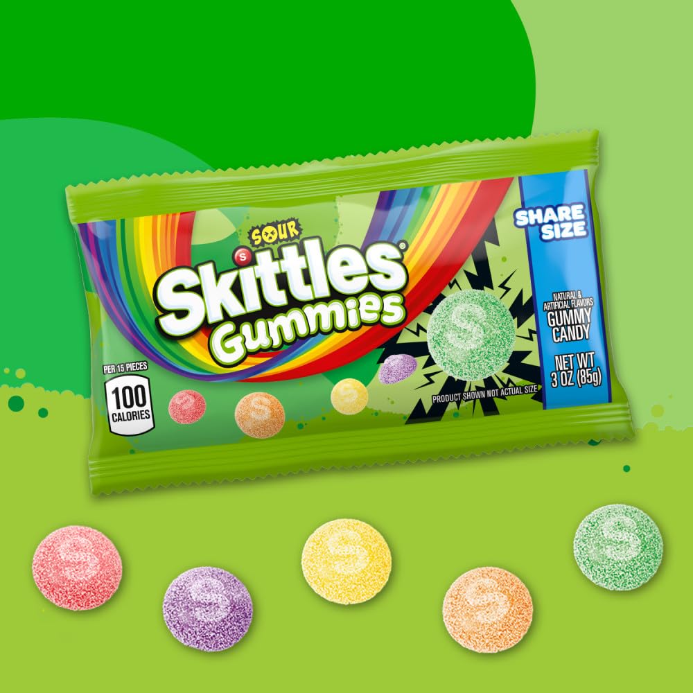 SKITTLES GUMMIES Sour Gummy Candy, Share Size Tart Sour Candy Mix, 3 Oz Per Bag, 15 Pack