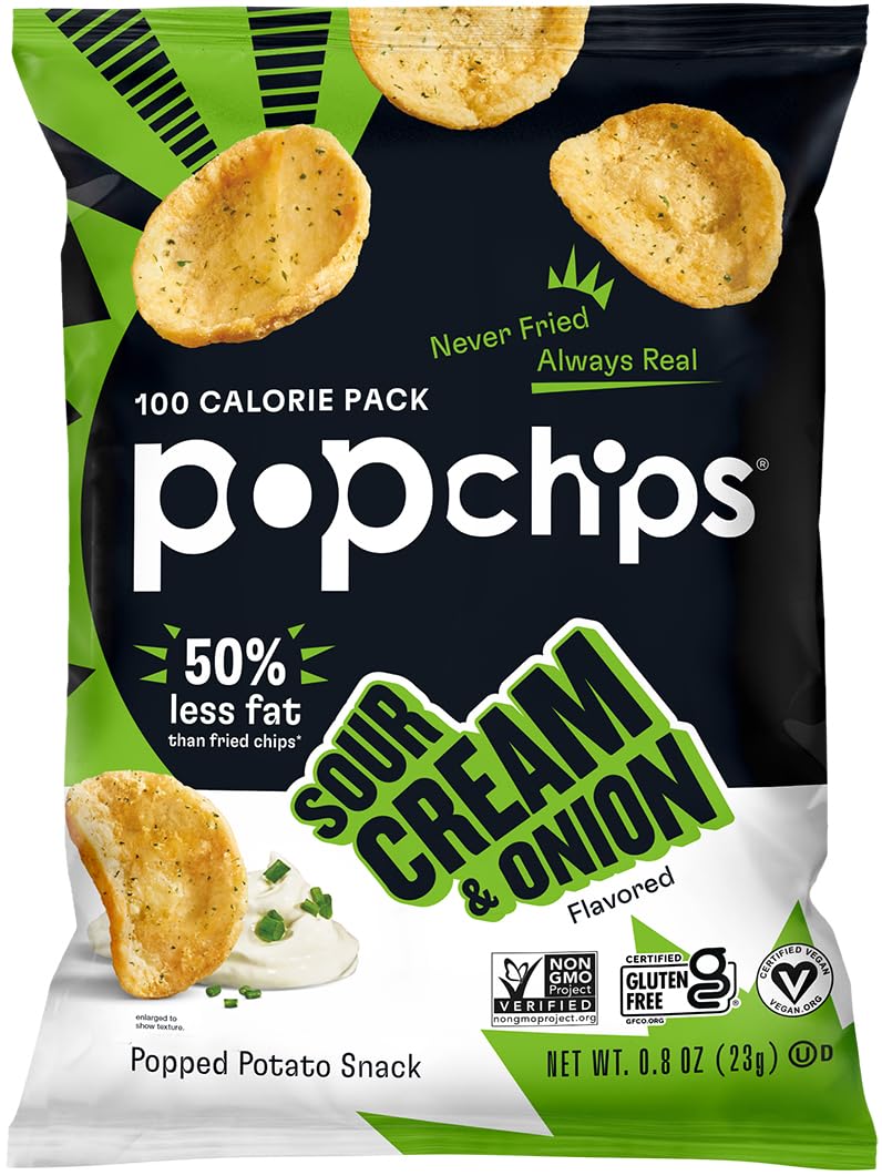 Popchips Potato Chips, Sour Cream & Onion, 12Ct Single Serve 0.8Oz Bags, Low-Calorie And Gluten Free, Salty Snacks For Adults An