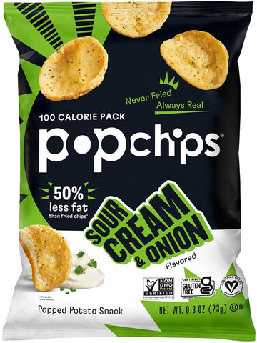 Popchips Potato Chips, Sour Cream & Onion, 12Ct Single Serve 0.8Oz Bags, Low-Calorie And Gluten Free, Salty Snacks For Adults An
