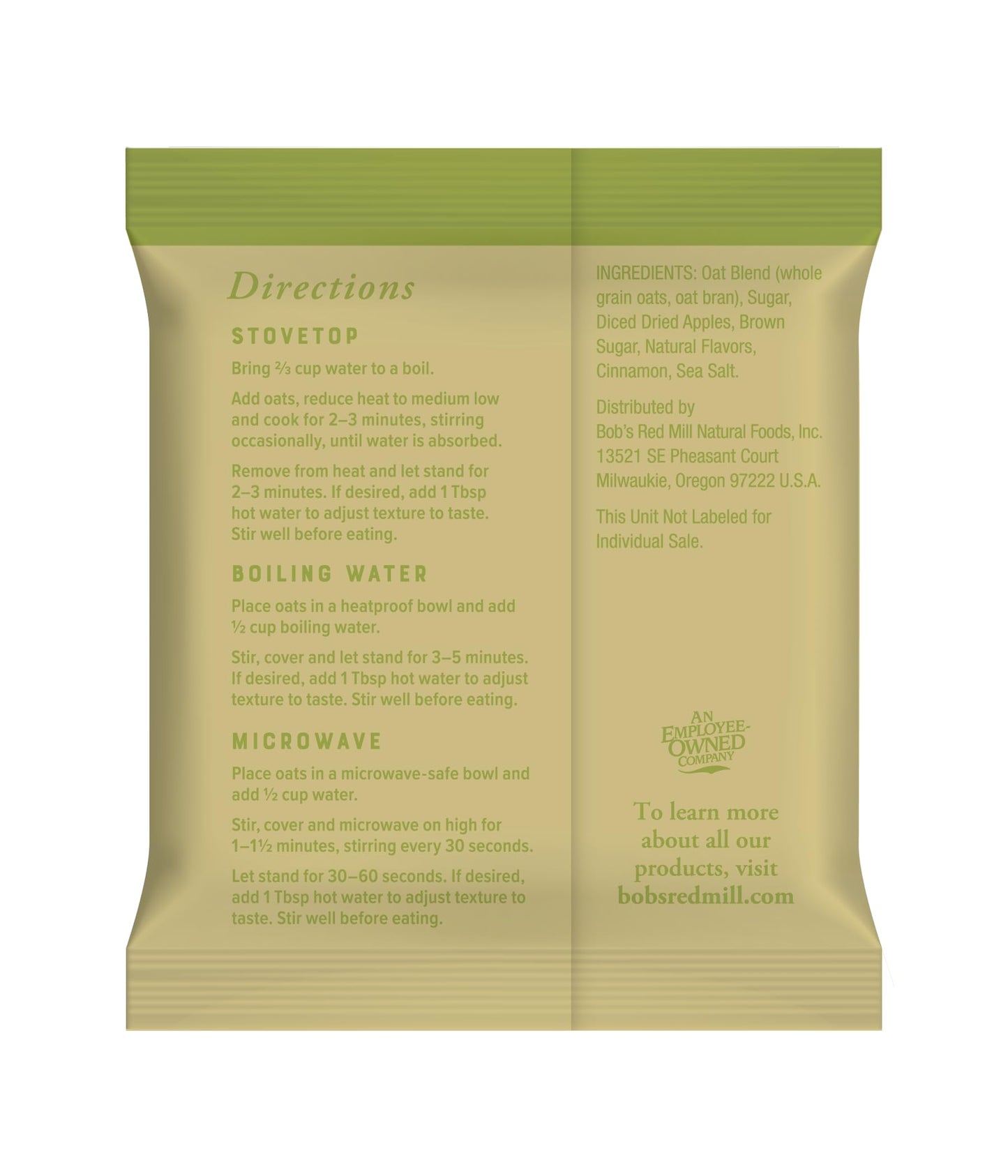 Bobs Red Mill Instant Oatmeal Packets  Apple & Cinnamon  6 Packets Total  Non-GMO  Gluten Free  Whole Grain