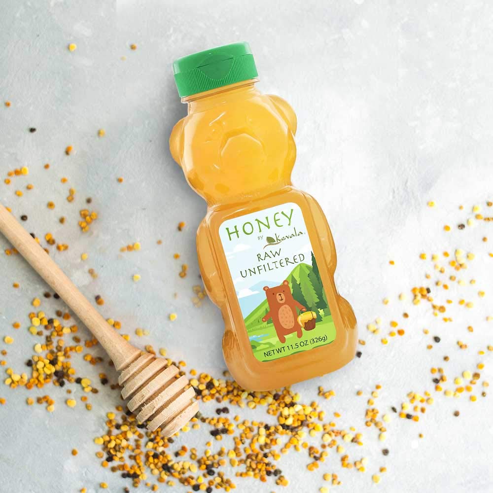 Kevala Raw Unfiltered Honey Bear - Sugar Free , Gluten Free , No Preservatives , Pure Natural Honey , Squeeze Bottle , Pesticide